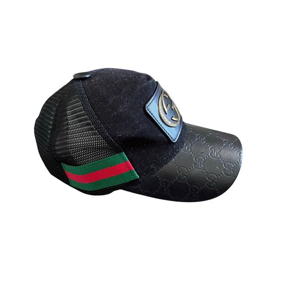 Gucci Black GG Imprime Leather Cap Interlocking GG Web Stripe Hat Luxury Regency main image 5